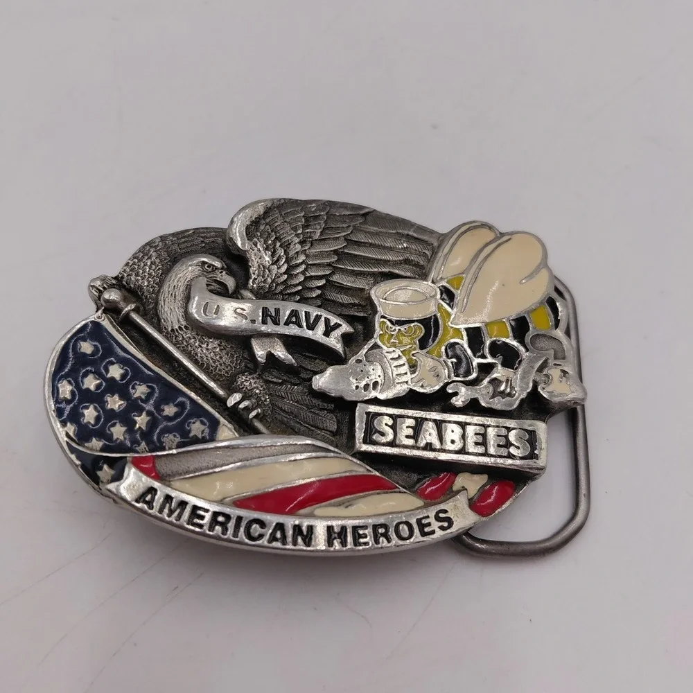 American Heroes U.S Navy SEABEES Eagle Flag Patriotic Solid Pewter Belt Buckle